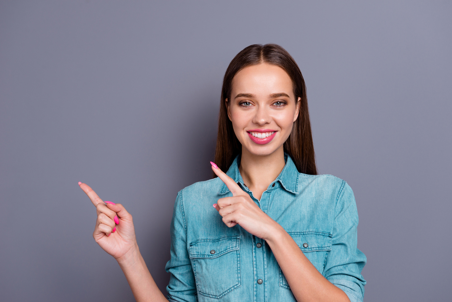Close up portrait of pretty smiling person woman girl gesturing
